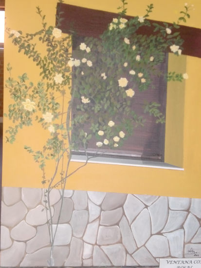 ventana con rosal Óleo Lienzo Paisaje