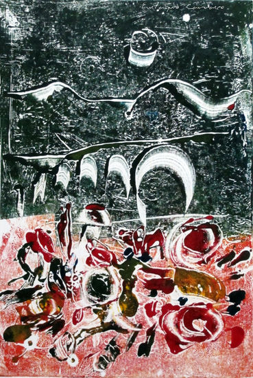 Flores rojas esparcidas en el suelo, (Red flowers scattered on the floor) Mixed media Card Still Life Paintings