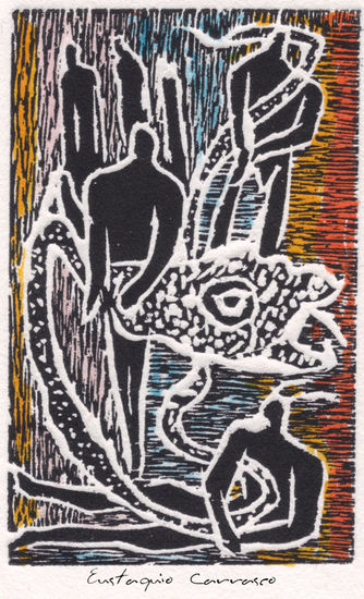 Hombres con gran serpiente, (Men with big snake) Linocut