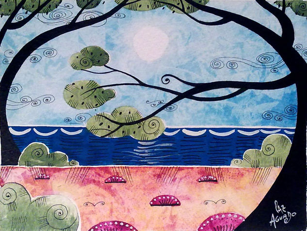 luna llena sobre el mar Gouache Papel Paisaje