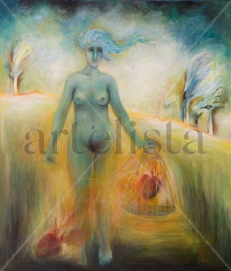 Una mujer azul y dos corazones rojos Oil Canvas Nude Paintings