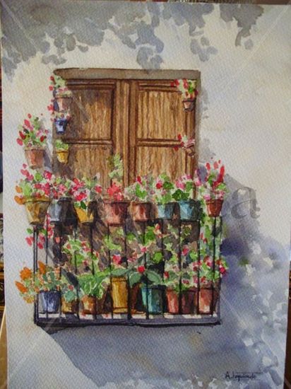 Ventana con flores Acuarela Papel Paisaje