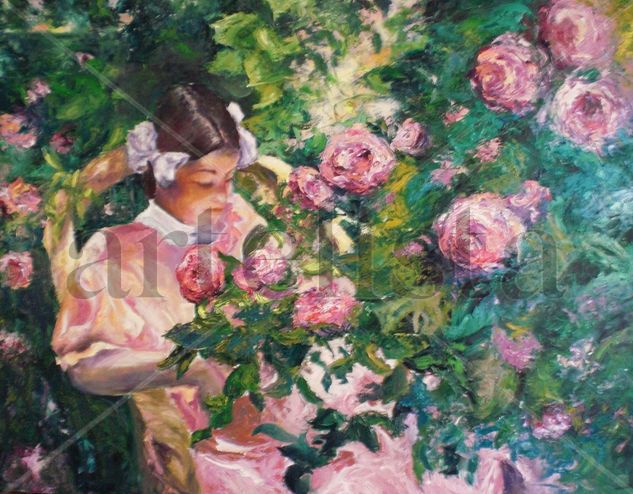 Elena entre  rosas Oil Panel Landscaping