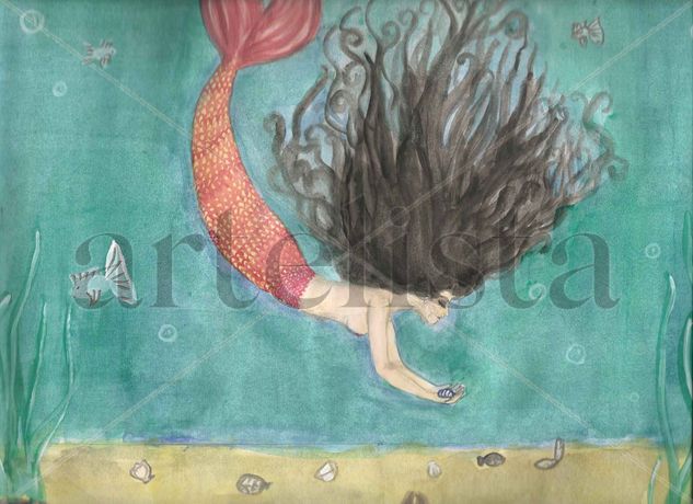 Sirena Acuarela Papel Marina