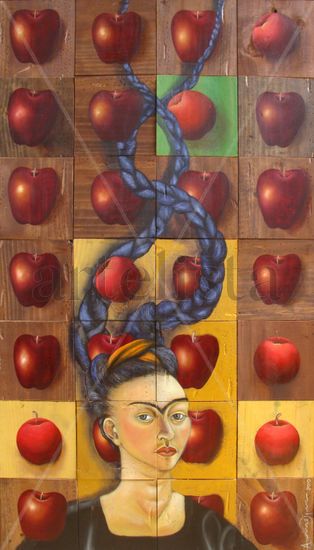 Frida entre Manzanas Óleo Tabla Otros