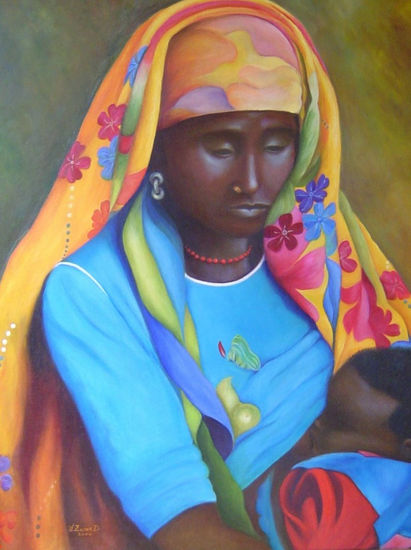 NIGERIANA AMAMANTANDO A NIÑO Oil Canvas Figure Painting