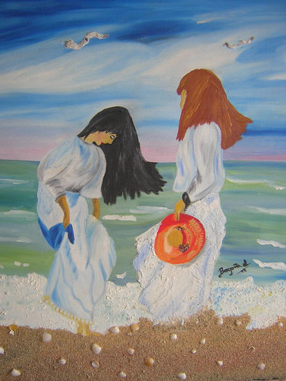 hermanas en la playa Óleo Lienzo Paisaje