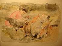 Niña con gallinas