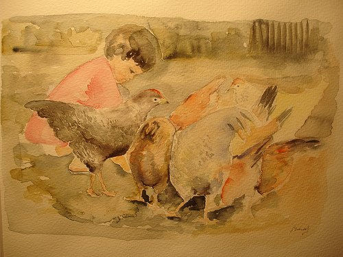 Niña con gallinas 