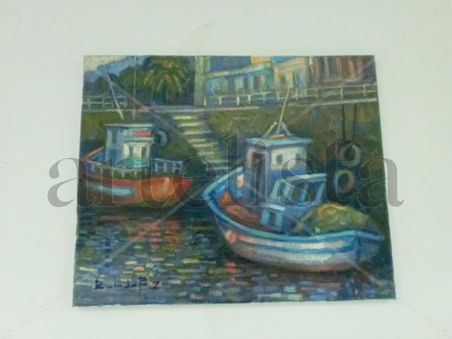 Barcas en el muelle de Ferrol Oil Canvas Marine Painting