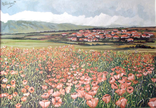 Paisaje con amapolas Oil Panel Landscaping