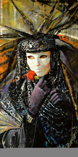 La Mascara y la Rosa Oil Panel Figure Painting