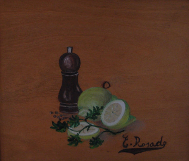 Bodegon con Pimienta y Limón Oil Panel Still Life Paintings