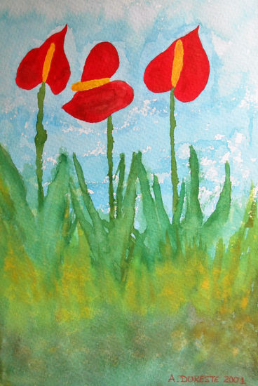 Anturios bajo el cielo azul Watercolour Paper Floral Painting