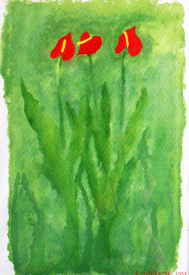 Anturios, rojo y verde Watercolour Paper Floral Painting