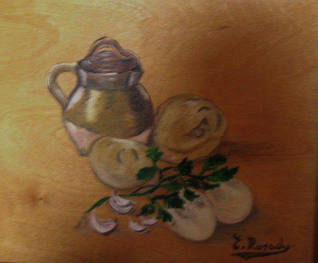 Bodegon con Jarra  y Patatas Oil Panel Still Life Paintings