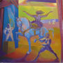 Susana Rojas. 2004 Caballista y enano. oleo 74 x 74 cm.