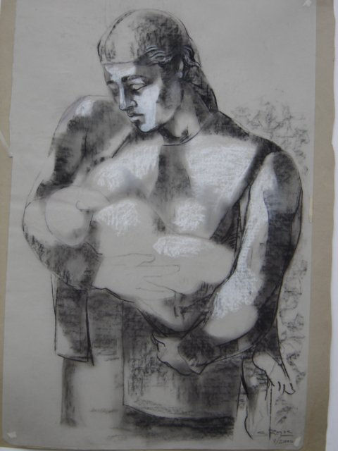Susana Rojas. 2000 Madre y niño. carbonilla, tiza.