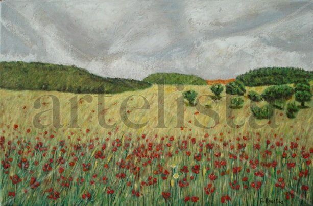 Paisaje con amapolas Óleo Lienzo Paisaje