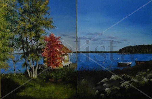 LA CASA DEL LAGO (DIPTICO) Oil Canvas Landscaping