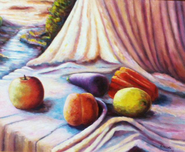 Bodegon con paisaje Oil Canvas Still Life Paintings