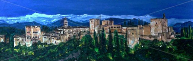 La Alhambra de noche desde el mirador de San Nicolas Óleo Lienzo Paisaje