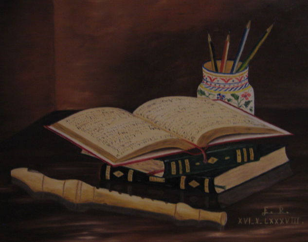 Bodegon con Flauta y Libros Oil Canvas Still Life Paintings