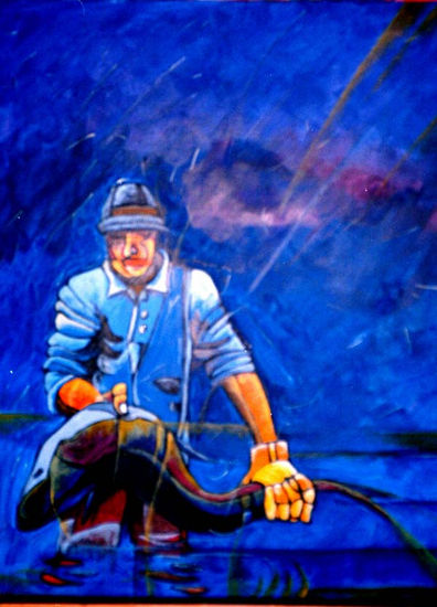 Pescador (de la serie Los Nuevos Changos) Acrylic Textile Figure Painting