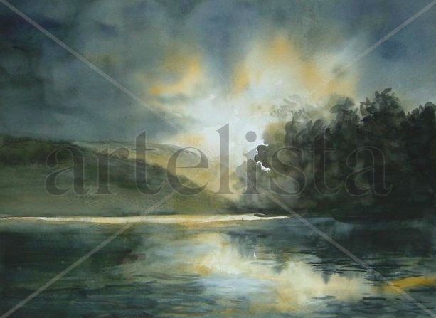 Anochecer en el lago Watercolour Paper Landscaping