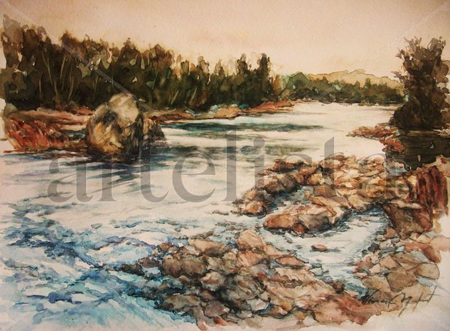 Rio y Rocas Acuarela Papel Paisaje