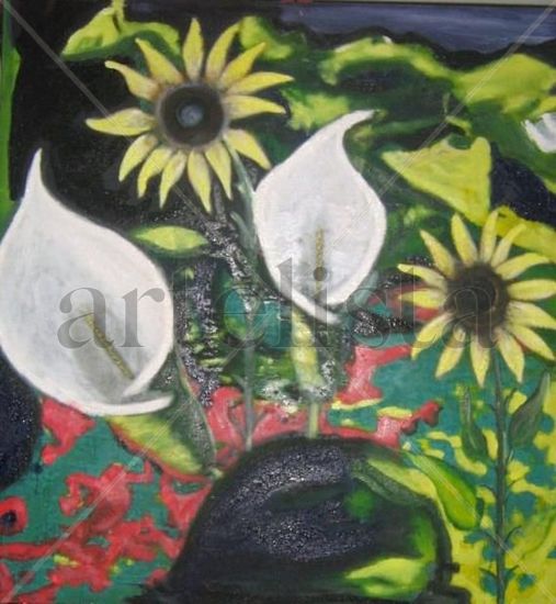 Girasoles y cartuchos en la selva Mixed media Canvas Landscaping