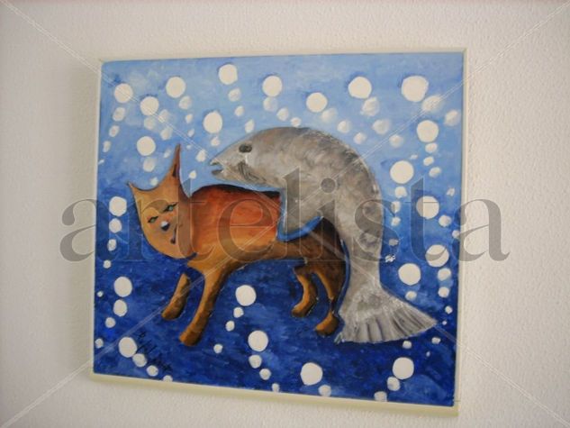 El gato al agua Oil Panel Animals