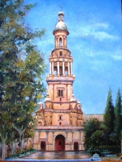 Torre sur de la plaza  España de Sevilla Óleo Tabla Paisaje