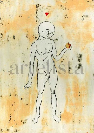 Él y la manzana Mixed media Panel Figure Painting