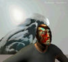 Hombre con cara pintada y gran rostro de fondo, (Man with face paint and big face background)