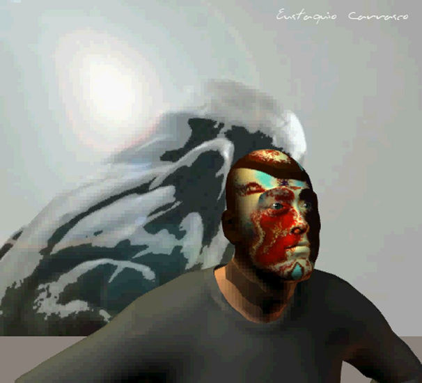 Hombre con cara pintada y gran rostro de fondo, (Man with face paint and big face background) 