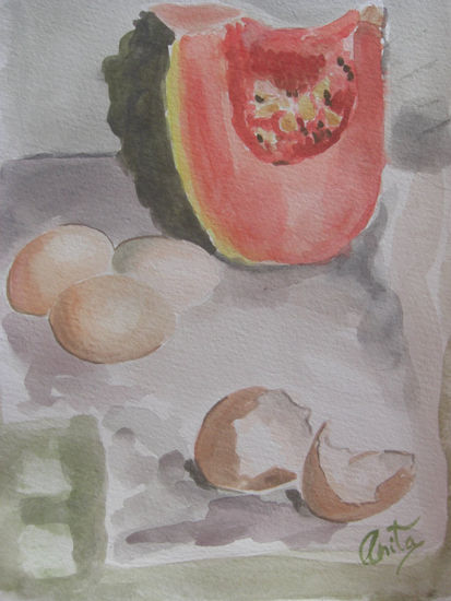 Calabaza y huevos Watercolour Paper Still Life Paintings