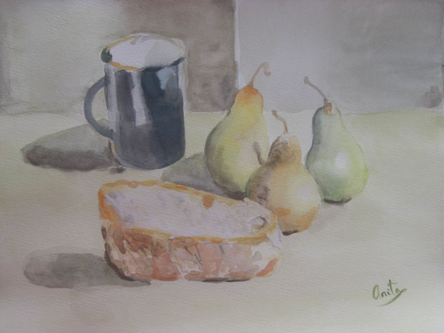 Peras, pan y taza Watercolour Leather Still Life Paintings