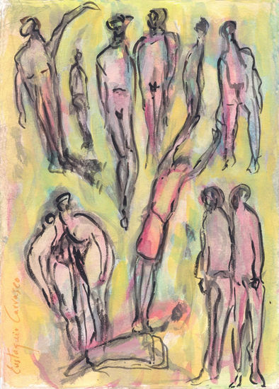 Grupo de personas en la tarde, (Group of people in the afternoon) Watercolour Paper Figure Painting