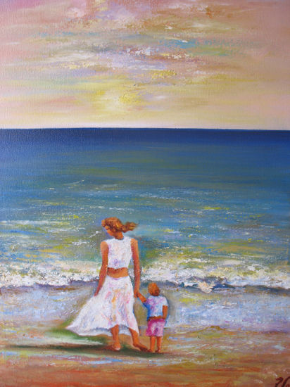 NUM. REF- 10.551 - MADRE E HIJA EN LA PLAYA Oil Canvas Marine Painting