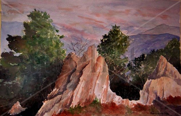 ROCAS Y PINOS Acuarela Papel Paisaje