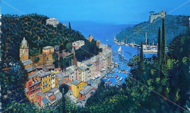 Veduta di Portofino. Genoa. Italy Oil Panel Marine Painting