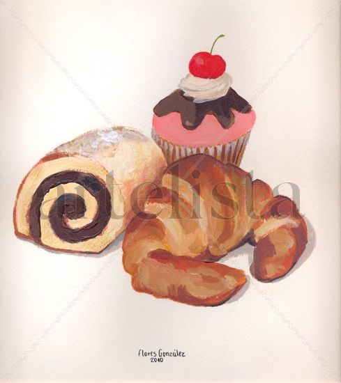 croissant, cup cake y brazo de gitano. Acrylic Paper Still Life Paintings