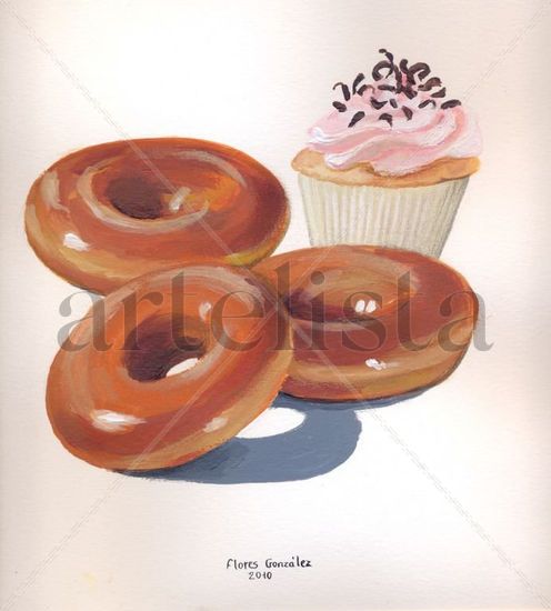 Donuts y cup cake Acrylic Paper Still Life Paintings