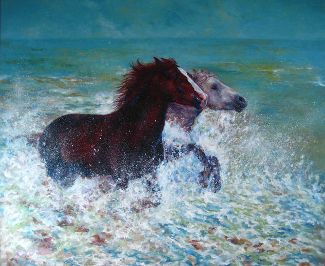 Caballos en el agua Oil Panel Animals