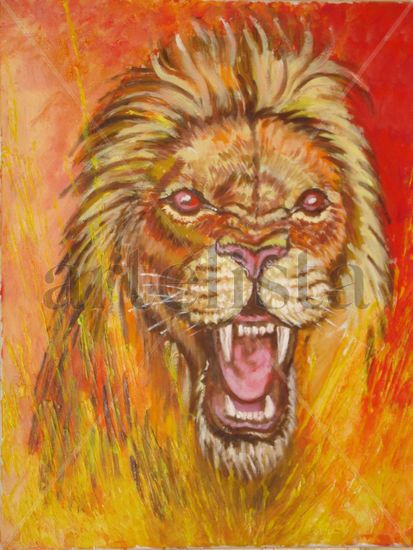 León rojo Media Mixta Lienzo Animales