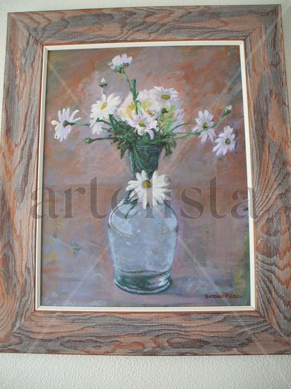 JARRON CON MARGARITAS4 Oil Panel Floral Painting