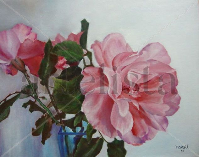 ROSAS EN BÚCARO AZUL Oil Canvas Floral Painting