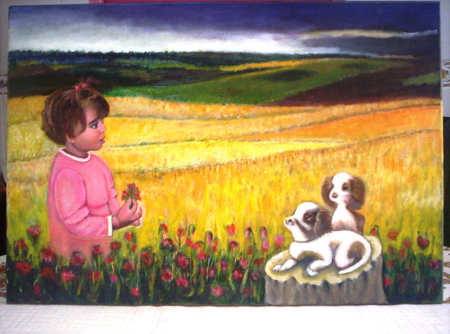 niña  con   los  perritos Oil Canvas Landscaping