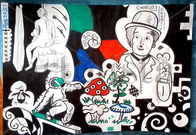 charlie chaplin, la bañista (valpinçon), flores y plantas y un snowboard con pingüino